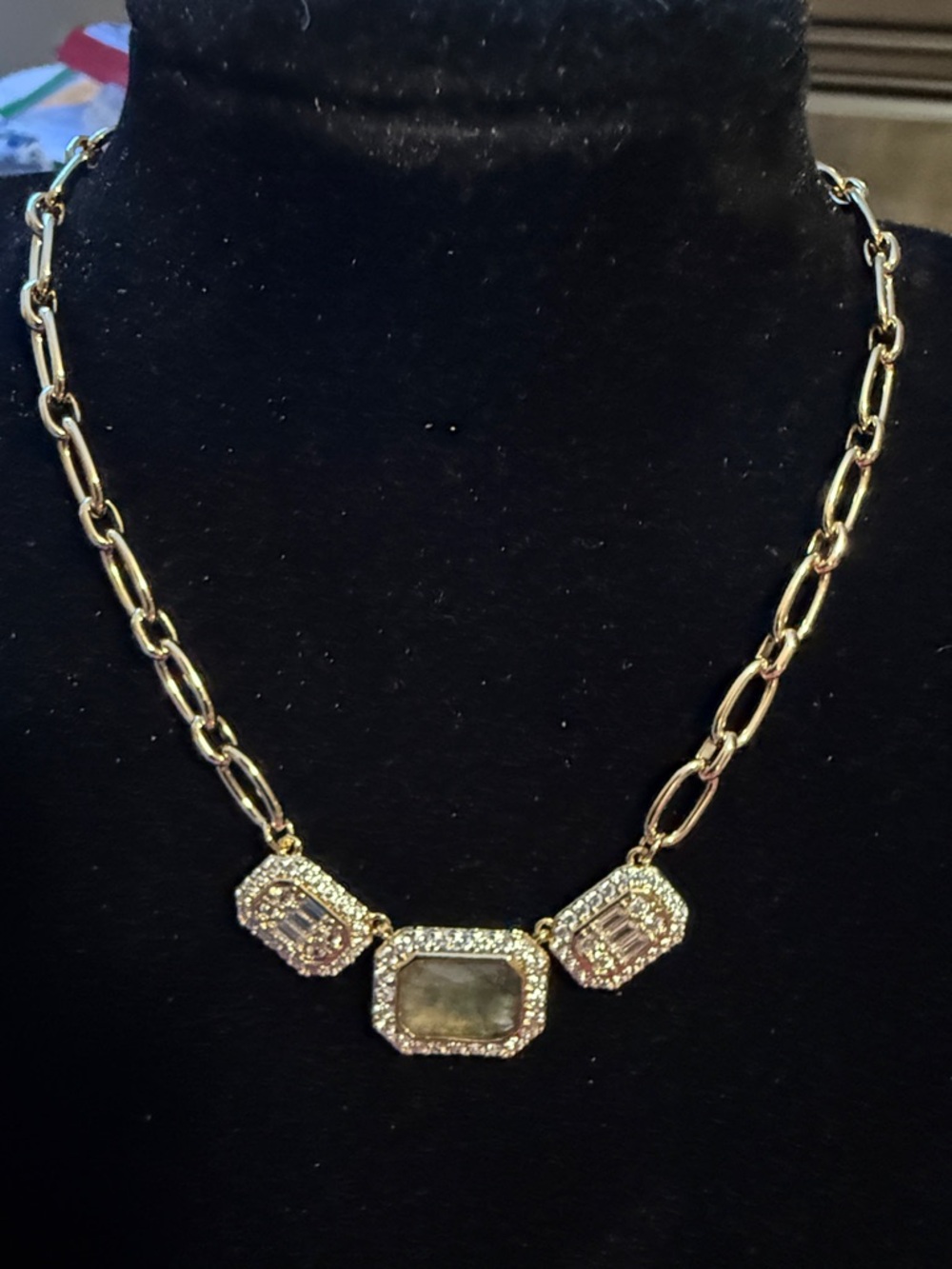 BP Gold-Tone paper clip link  Necklace with genuine Labradorite and CZ accented